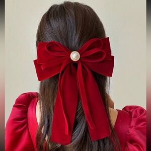 Red Velvet Pearl Detail Bow Clip